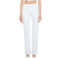 A person is wearing the Mother Kick It high-rise straight-leg jeans in a light blue wash, styled with a white crop top and white pointed shoes, standing facing forward against a plain background.