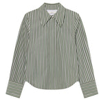 The Fitted Classic Shirt by CO is a long-sleeve cotton poplin button-up with green and white vertical stripes, a point collar, wide cuffs, and French seams for a refined look.