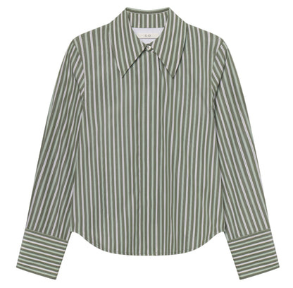 The Fitted Classic Shirt by CO is a long-sleeve cotton poplin button-up with green and white vertical stripes, a point collar, wide cuffs, and French seams for a refined look.