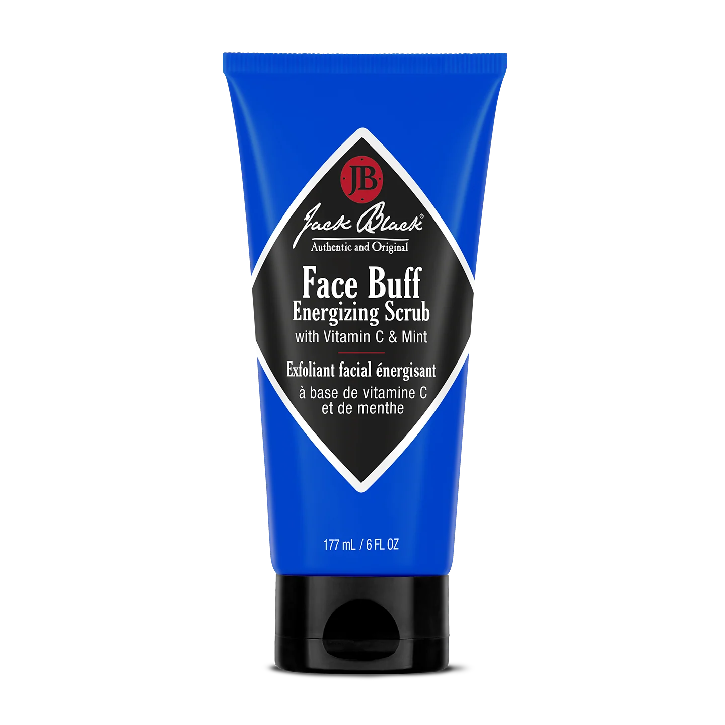 A blue tube of Jack Black Face Buff Energizing Scrub, 177 mL (6 fl oz), is displayed against a white background. This energizing facial scrub gently exfoliates the skin and serves as an ideal pre-shave cleanser for a smoother, refreshed complexion.