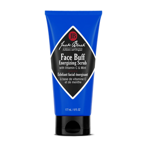 A blue tube of Jack Black Face Buff Energizing Scrub, 177 mL (6 fl oz), is displayed against a white background. This energizing facial scrub gently exfoliates the skin and serves as an ideal pre-shave cleanser for a smoother, refreshed complexion.