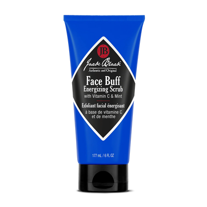 A blue tube of Jack Black Face Buff Energizing Scrub, 177 mL (6 fl oz), is displayed against a white background. This energizing facial scrub gently exfoliates the skin and serves as an ideal pre-shave cleanser for a smoother, refreshed complexion.