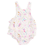 The Angel Dear Baby Girls' Bamboo Ruffle Sunsuit features shoulder straps, side ruffles, and a pastel mermaid and seashell print on breathable fabric—perfect for your little one.