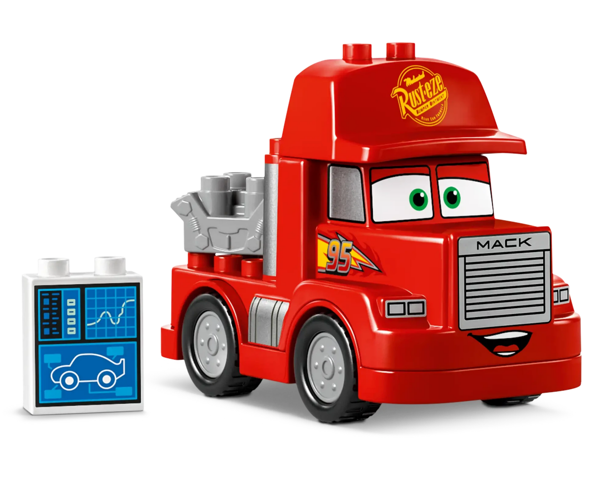 The LEGO® DUPLO® Mack at the Race by Legos - Toyhouse features a red "Mack" truck with cartoon eyes and "95", plus a blue and white car-themed block—great for young fans of LEGO DUPLO Cars sets!.