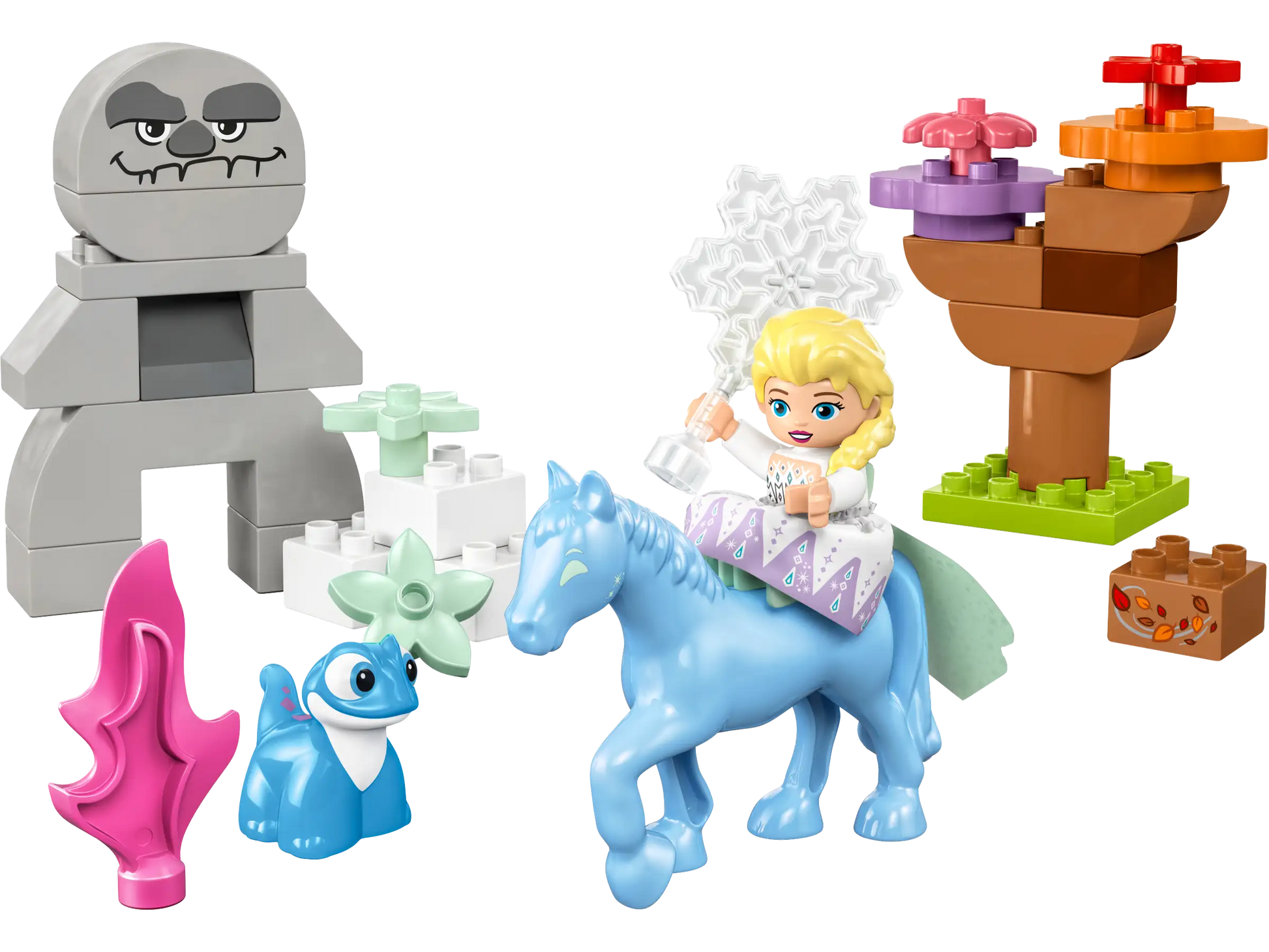 Inspired by Disney Frozen 2, the LEGO® DUPLO® Elsa & Bruni in the Enchanted Forest by Legos - Toyhouse includes Elsa, Bruni, a blue horse, gray snow monster, tree, and colorful blocks for creative play.