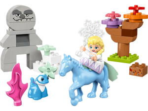 Inspired by Disney Frozen 2, the LEGO® DUPLO® Elsa & Bruni in the Enchanted Forest by Legos - Toyhouse includes Elsa, Bruni, a blue horse, gray snow monster, tree, and colorful blocks for creative play.