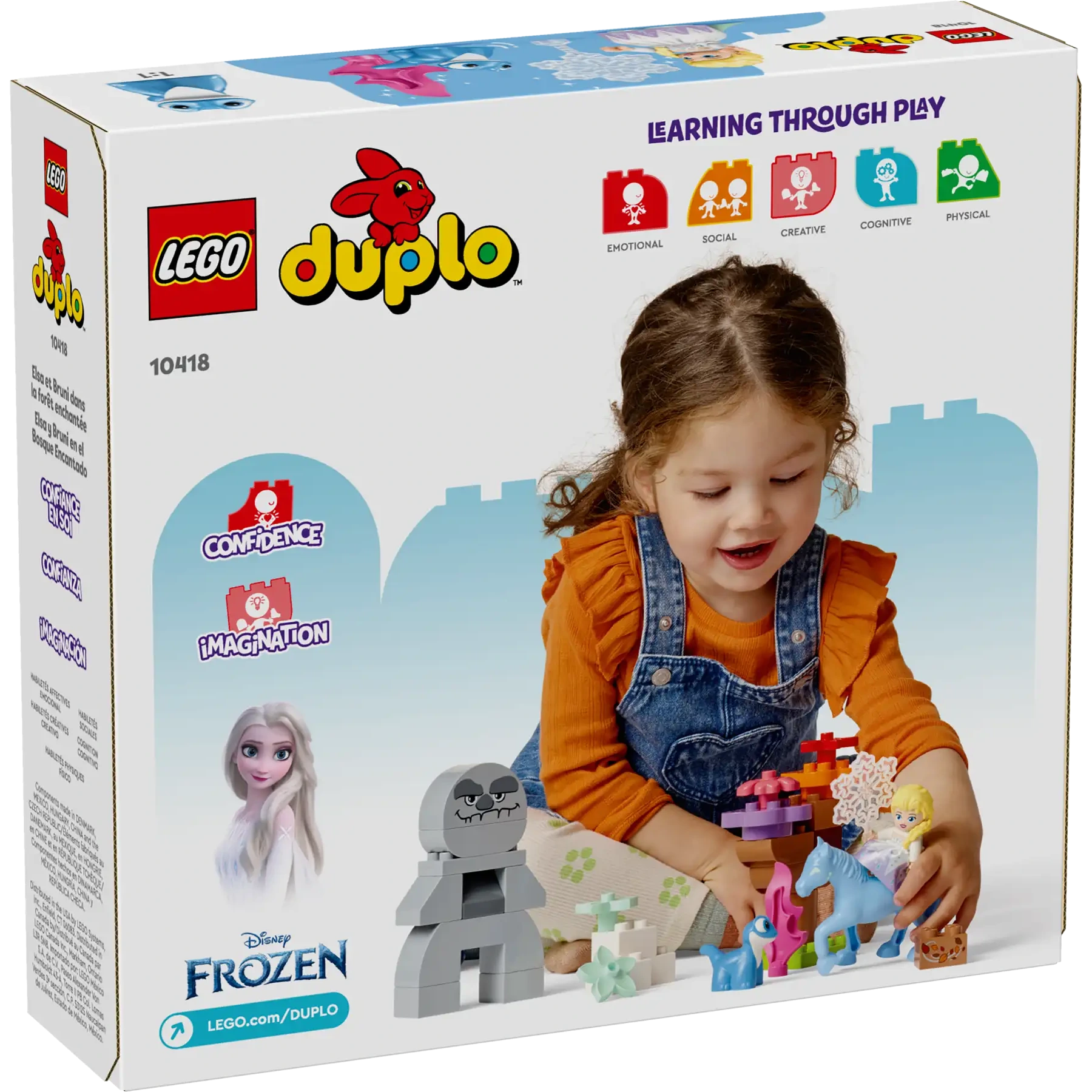 A young girl plays with LEGO® DUPLO® Elsa & Bruni in the Enchanted Forest by Legos - Toyhouse, a set that encourages confidence, imagination, and social skills.