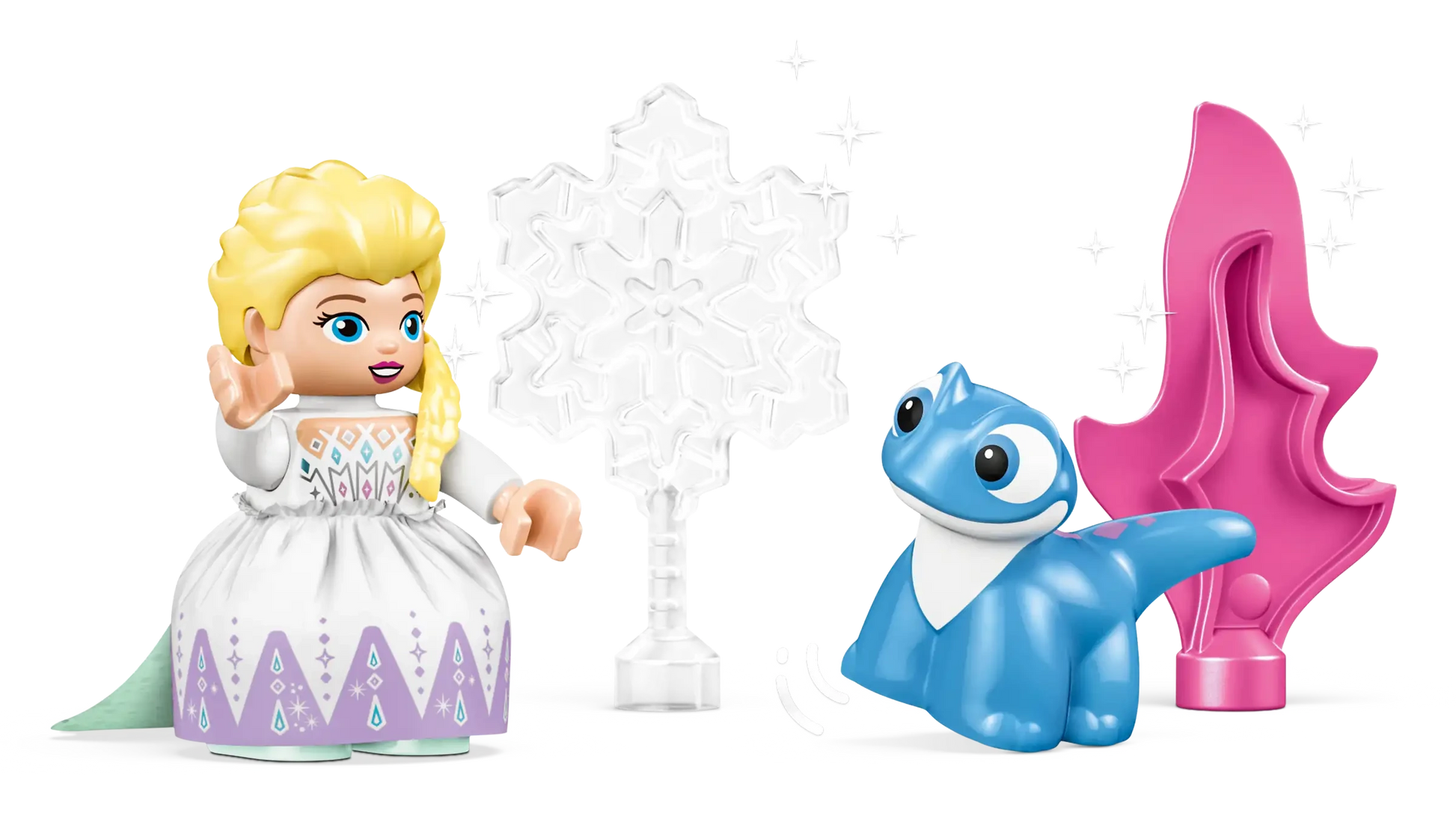 A blonde LEGO DUPLO figure in a white dress stands next to Elsa, Bruni the blue dragon, and Frozen 2-inspired accessories from the LEGO® DUPLO® Elsa & Bruni in the Enchanted Forest by Legos - Toyhouse.