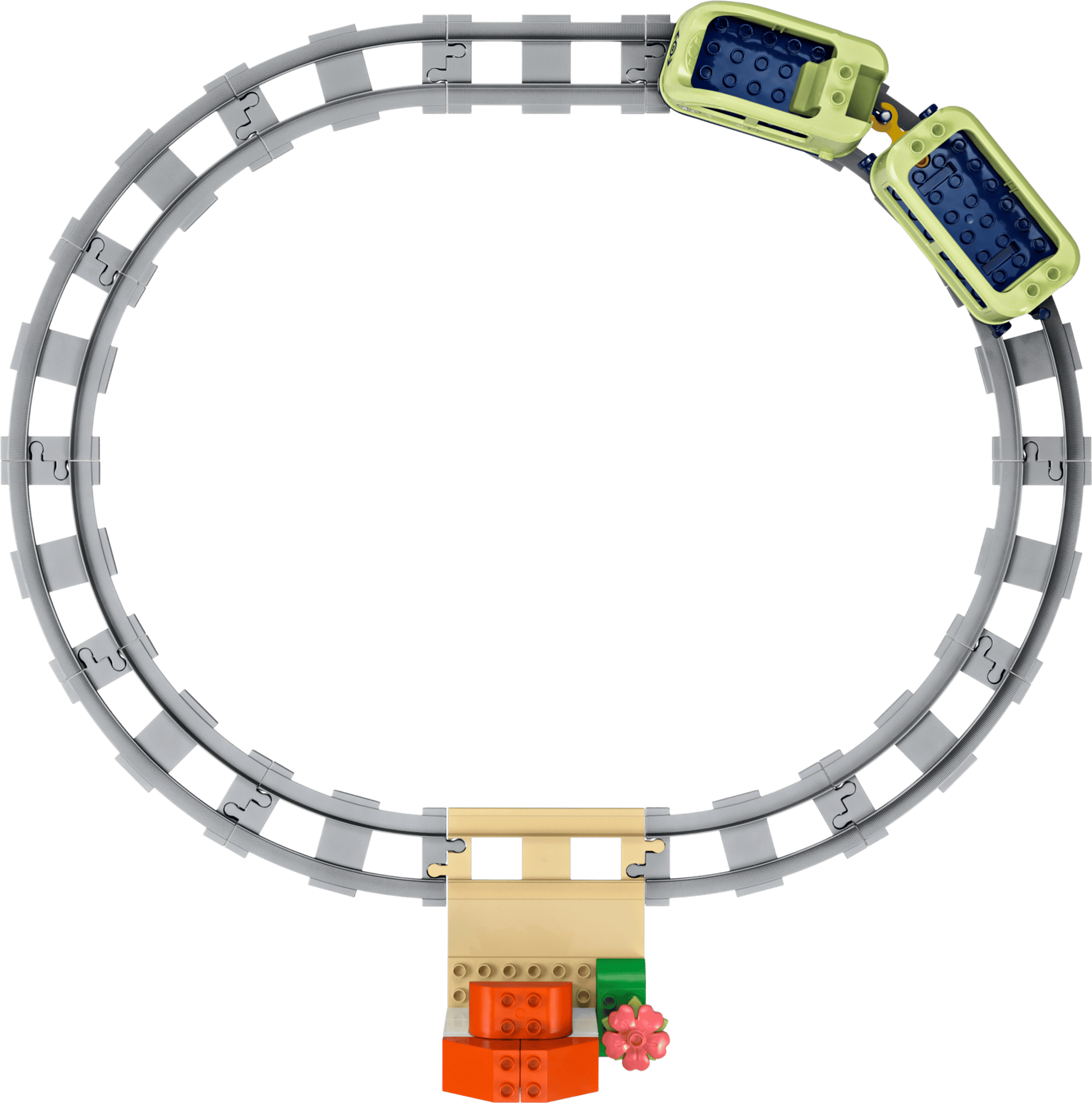 The LEGO® DUPLO® Interactive Adventure Train by Legos - Toyhouse is an oval-shaped train for toddlers, featuring two connected green cars and a small block structure—perfect for interactive play.