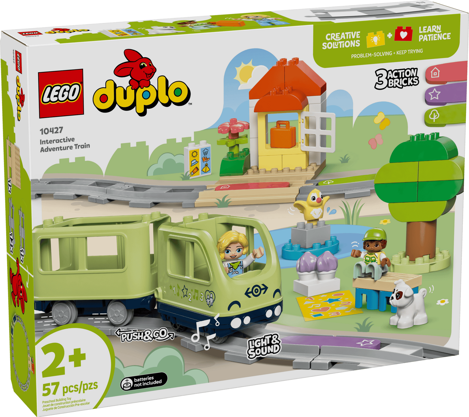 The LEGO® DUPLO® Interactive Adventure Train by Legos - Toyhouse includes 57 pieces, train, track, figures, house, animals, and accessories for ages 2+, plus light and sound features.