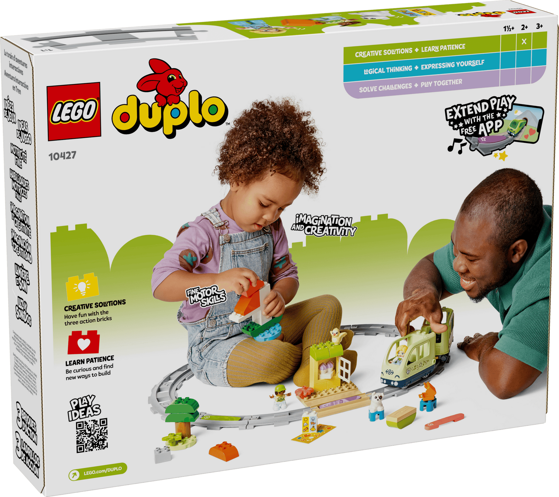 A child and adult play with the LEGO® DUPLO® Interactive Adventure Train by Legos - Toyhouse; the box shows set pieces, fun activities, and info about learning through play with this engaging train toy for toddlers.