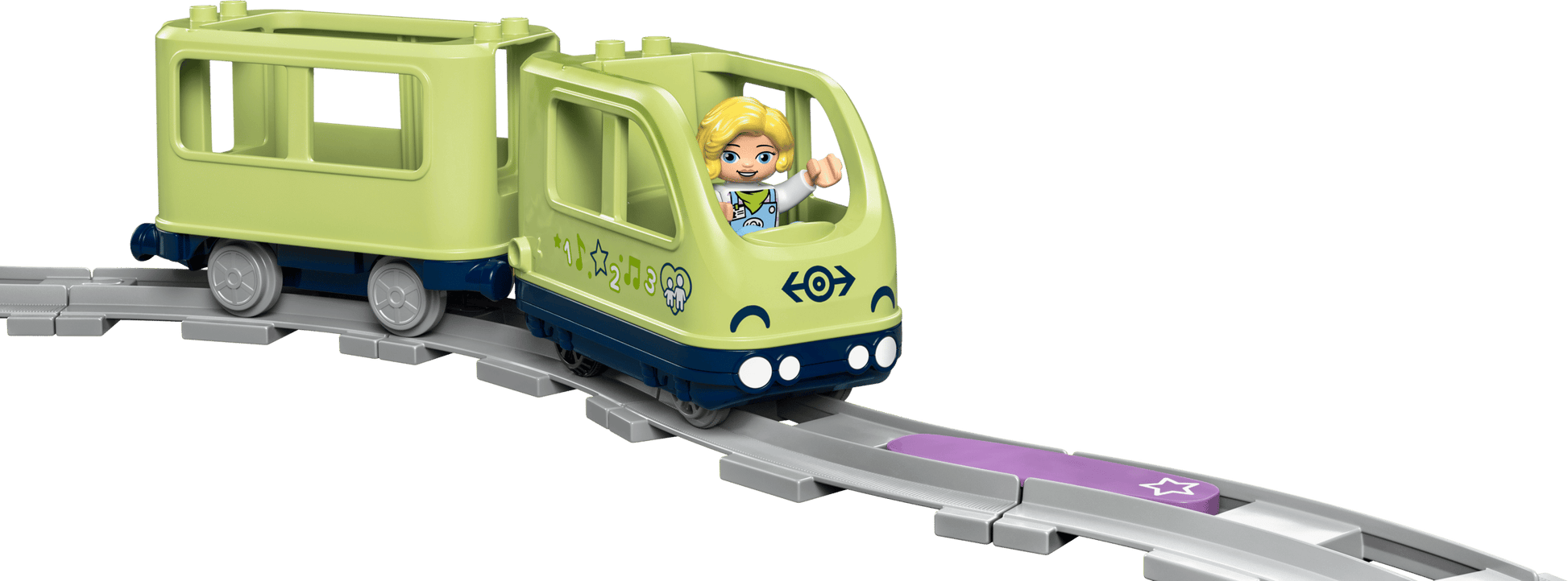 The LEGO® DUPLO® Interactive Adventure Train by Legos - Toyhouse includes two green cars on a curved gray track, with a smiling figure in the front car decorated with stickers—perfect for toddlers.