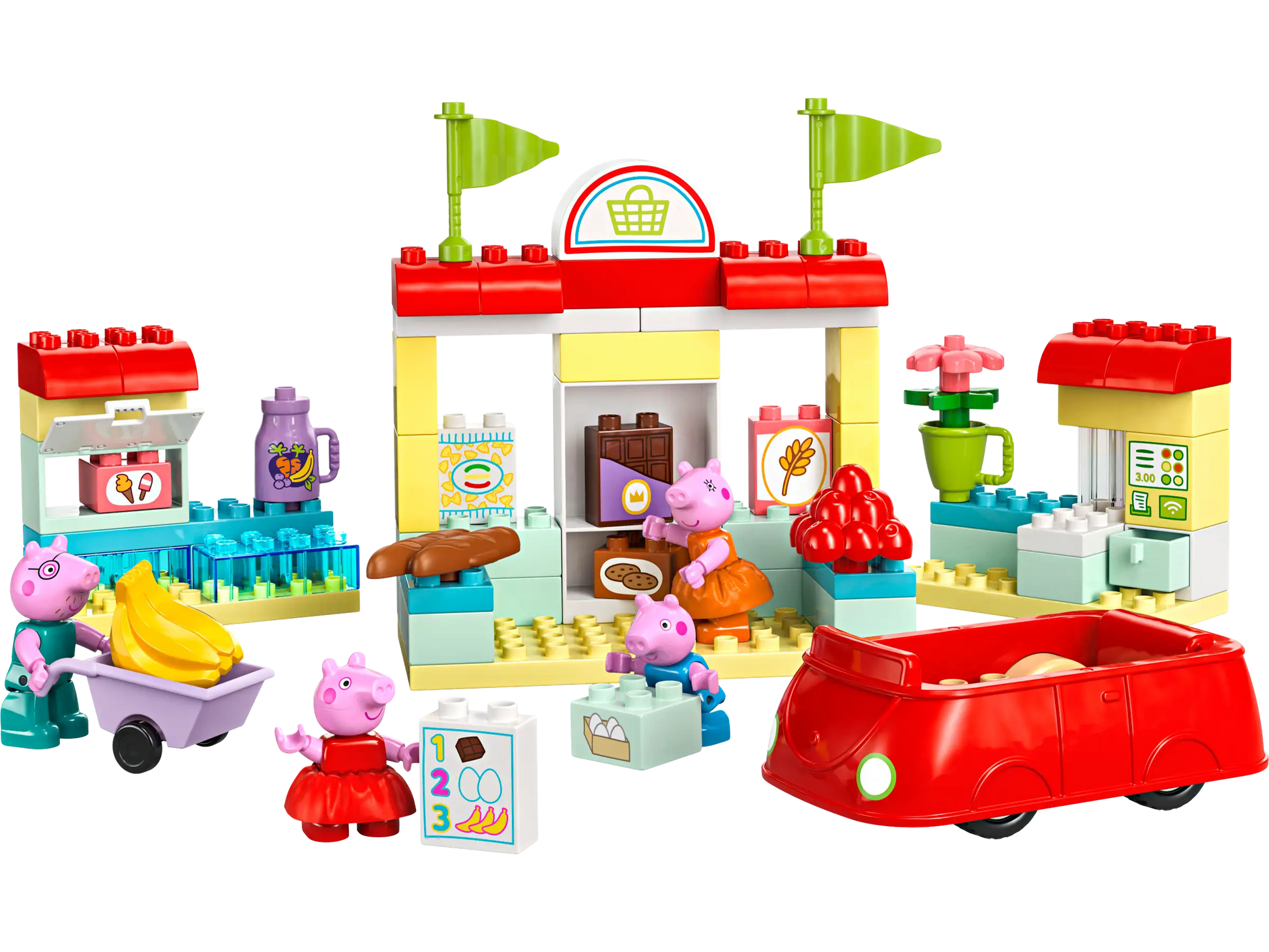 The LEGO® DUPLO® Peppa Pig Supermarket by Legos - Toyhouse lets preschoolers join Peppa in a grocery store scene with a red car, shopping cart, fruit, vegetables, and fun supermarket accessories.