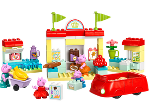 The LEGO® DUPLO® Peppa Pig Supermarket by Legos - Toyhouse lets preschoolers join Peppa in a grocery store scene with a red car, shopping cart, fruit, vegetables, and fun supermarket accessories.