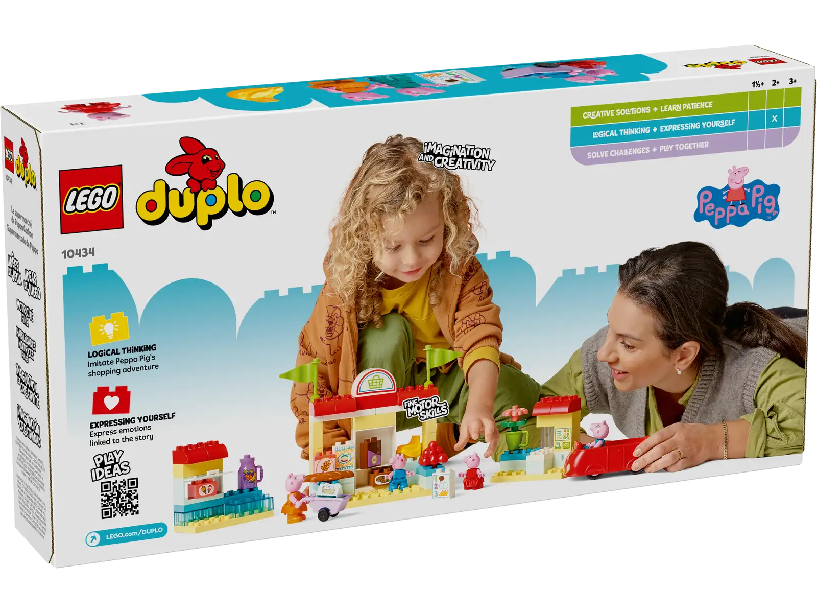 A child and adult enjoy building with the LEGO® DUPLO® Peppa Pig Supermarket by Legos - Toyhouse; the box features an age range, set name, and colorful blocks, making it perfect for preschoolers.
