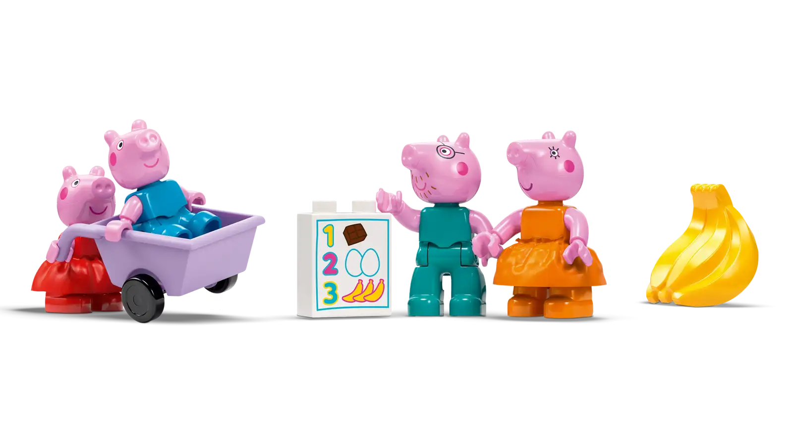 The LEGO® DUPLO® Peppa Pig Supermarket from Legos - Toyhouse includes four figures, a wheelbarrow, number board, and bananas—perfect for preschoolers to enjoy supermarket play.
