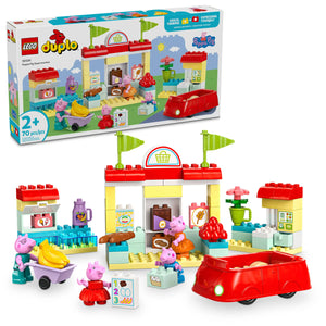 The LEGO® DUPLO® Peppa Pig Supermarket by Legos - Toyhouse includes Peppa Pig figures, a red car, market building, and grocery items for preschool kids; box shown in background.