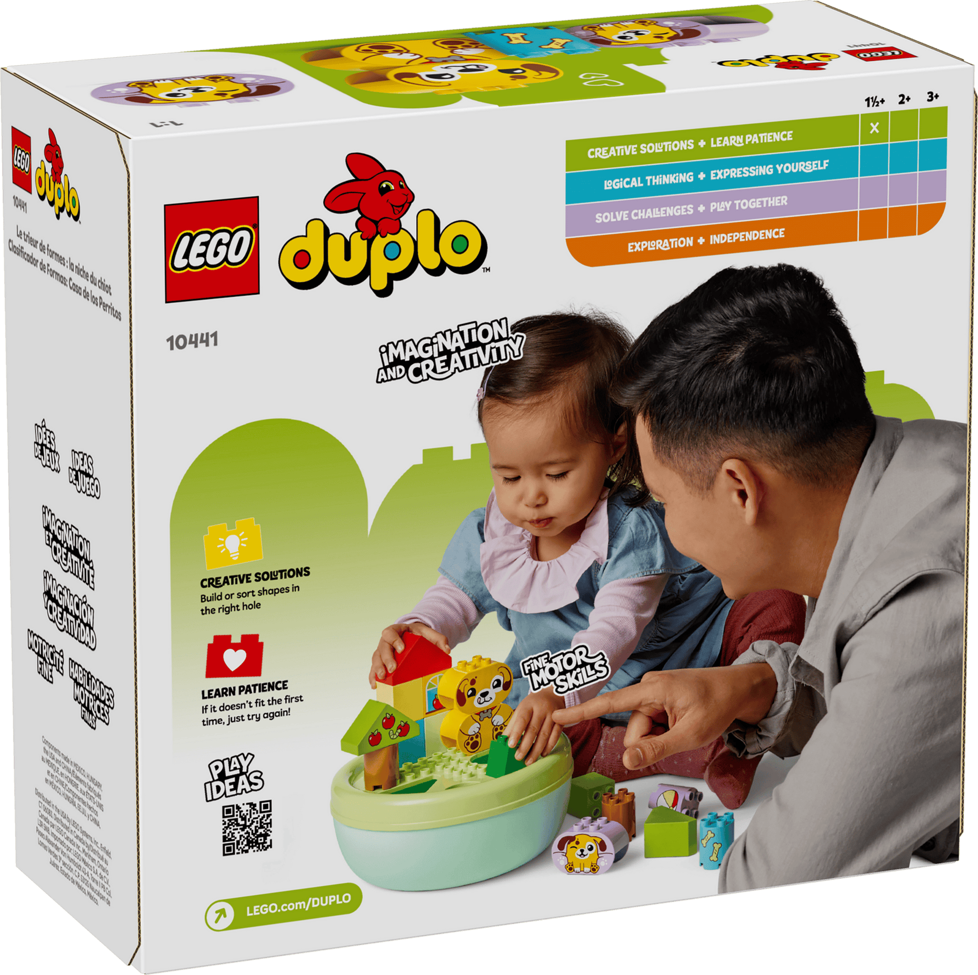 An adult and child play with LEGO® DUPLO® Shape Sorter: Puppy House by Legos - Toyhouse, a set designed for ages 2+, shown on the packaging—perfect for building fine motor skills in little builders.