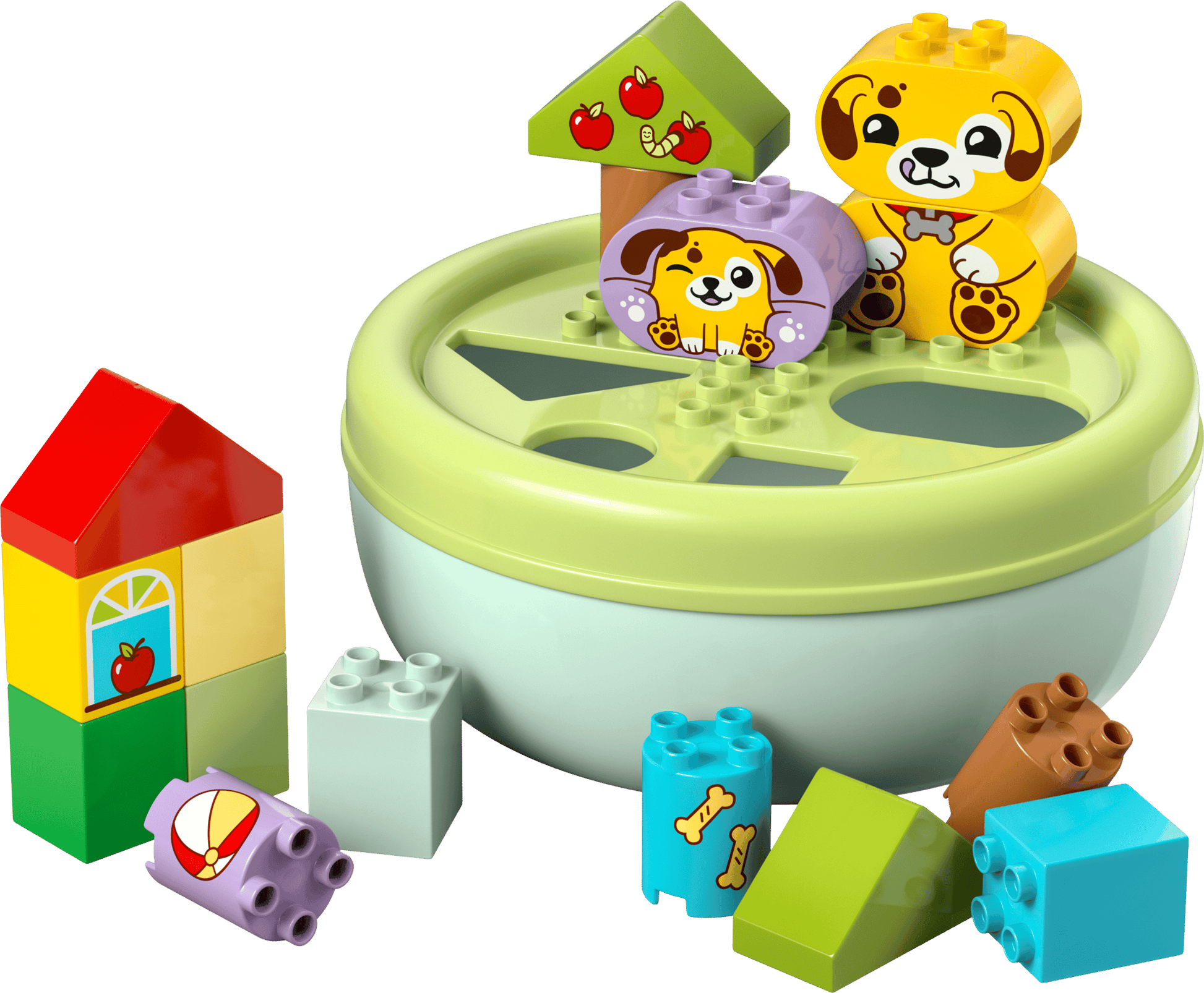 The LEGO® DUPLO® Shape Sorter: Puppy House by Legos - Toyhouse features colorful building blocks with animal faces and designs, arranged around a round shape sorter to encourage fine motor skills.