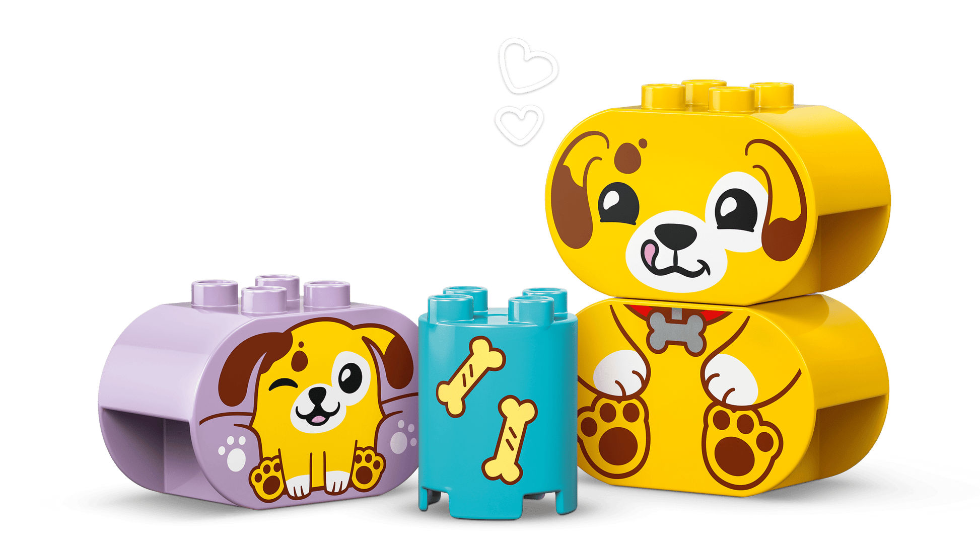 The LEGO® DUPLO® Shape Sorter: Puppy House by Legos - Toyhouse features cartoon puppy blocks and a blue bone-illustrated block, all set against a white background with hearts—a charming fine motor skills toy for toddlers.