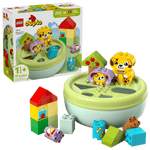 The LEGO® DUPLO® Shape Sorter: Puppy House by Legos - Toyhouse is for ages 1+, featuring animal and food graphic blocks, a round green container, and an illustrated box—ideal as a shape sorter and fine motor skills toy.