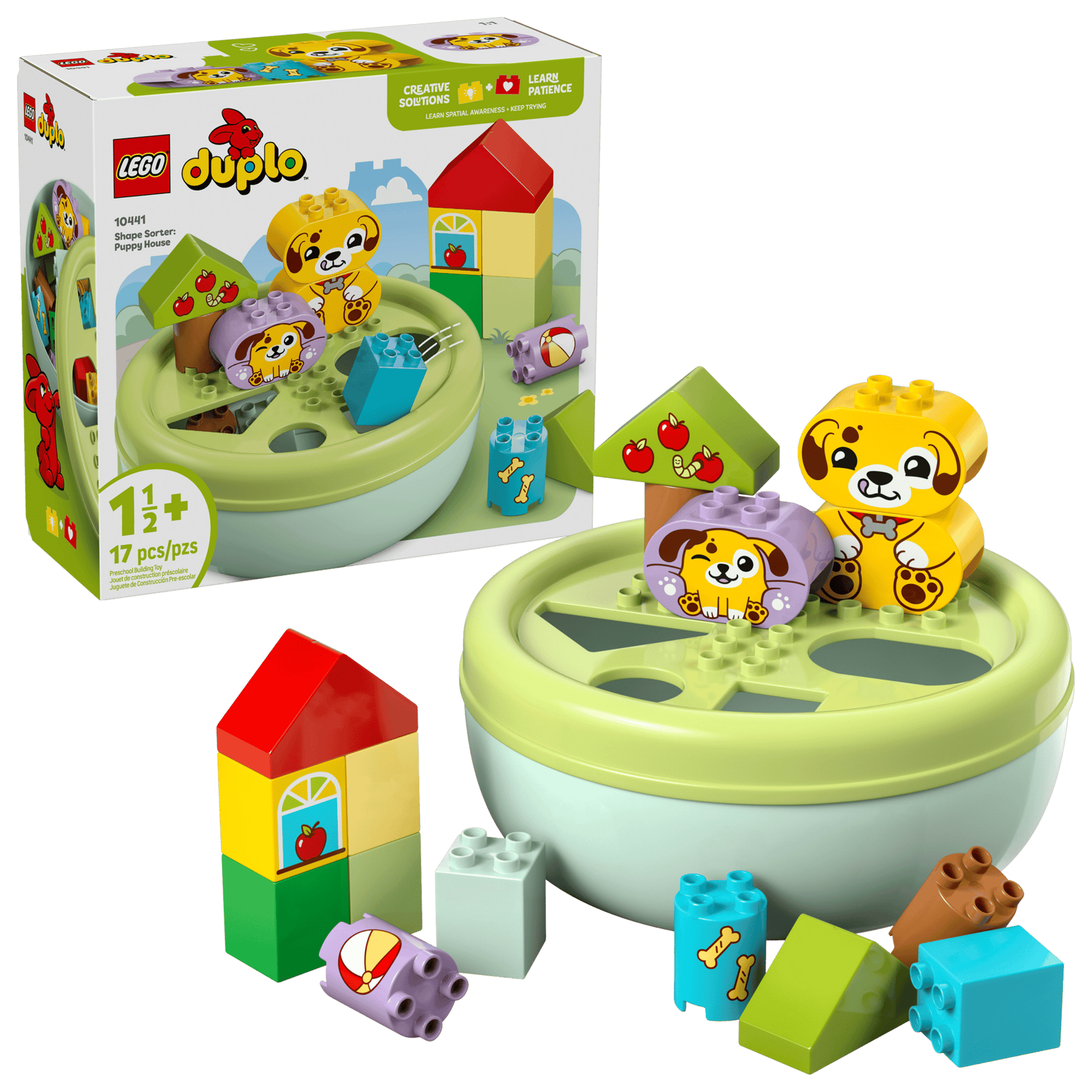 The LEGO® DUPLO® Shape Sorter: Puppy House by Legos - Toyhouse is for ages 1+, featuring animal and food graphic blocks, a round green container, and an illustrated box—ideal as a shape sorter and fine motor skills toy.