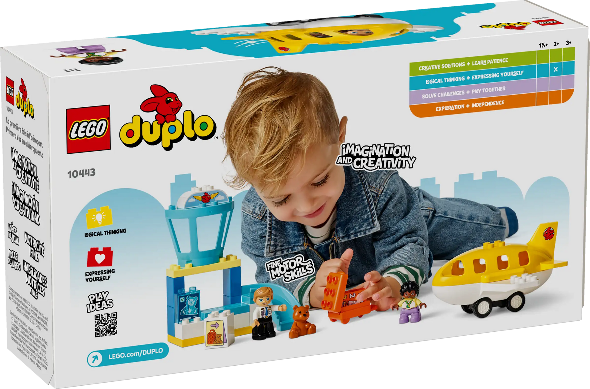 A child enjoys the LEGO® DUPLO® First Time at the Airport set by Legos - Toyhouse, which includes a plane, control tower, and figures. Designed for ages 2+, it offers educational value as a fun preschool learning toy.