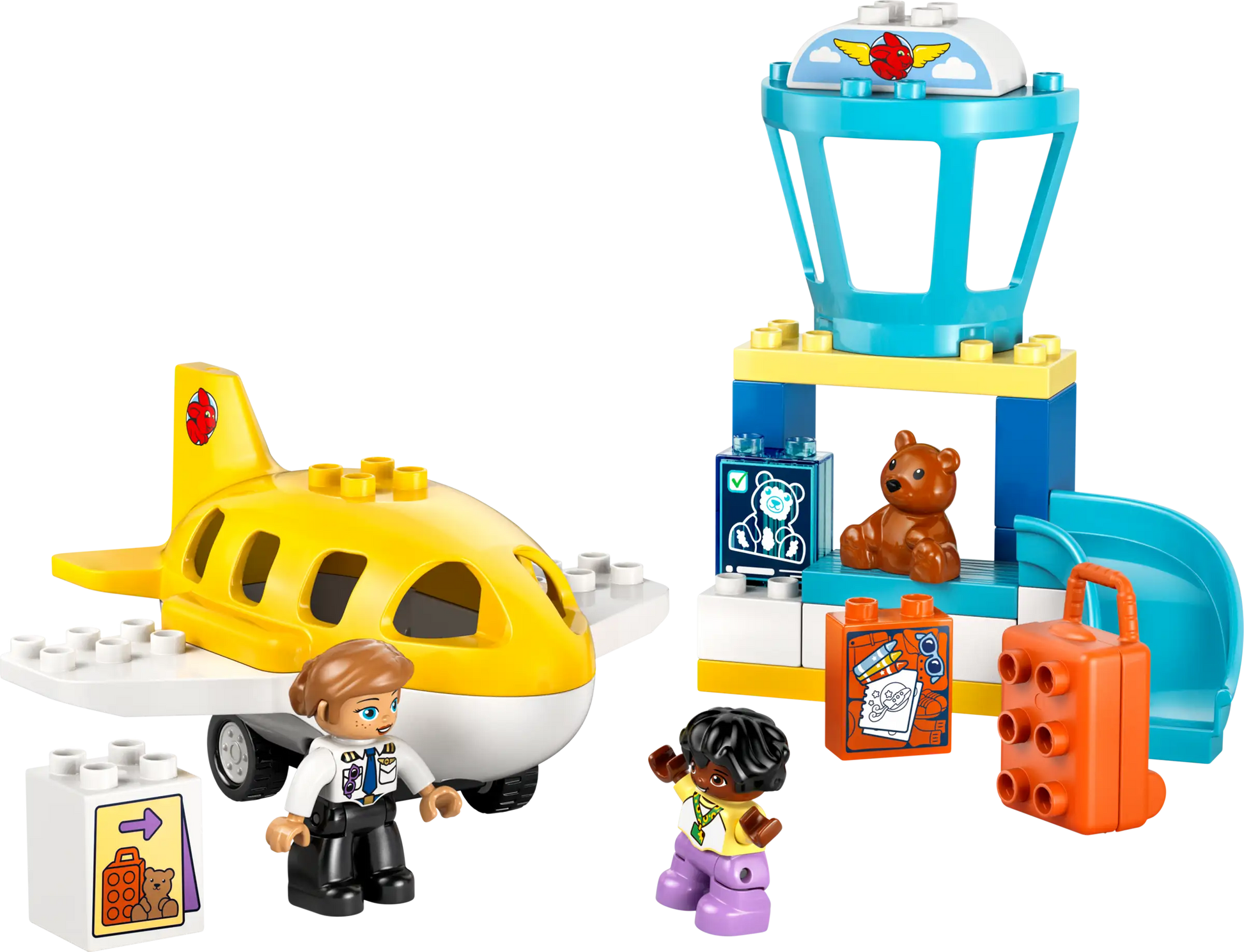 The LEGO® DUPLO® First Time at the Airport by Legos - Toyhouse includes a yellow airplane, control tower, two minifigures, suitcases, and a teddy bear—ideal for preschoolers who love aviation and building fun.