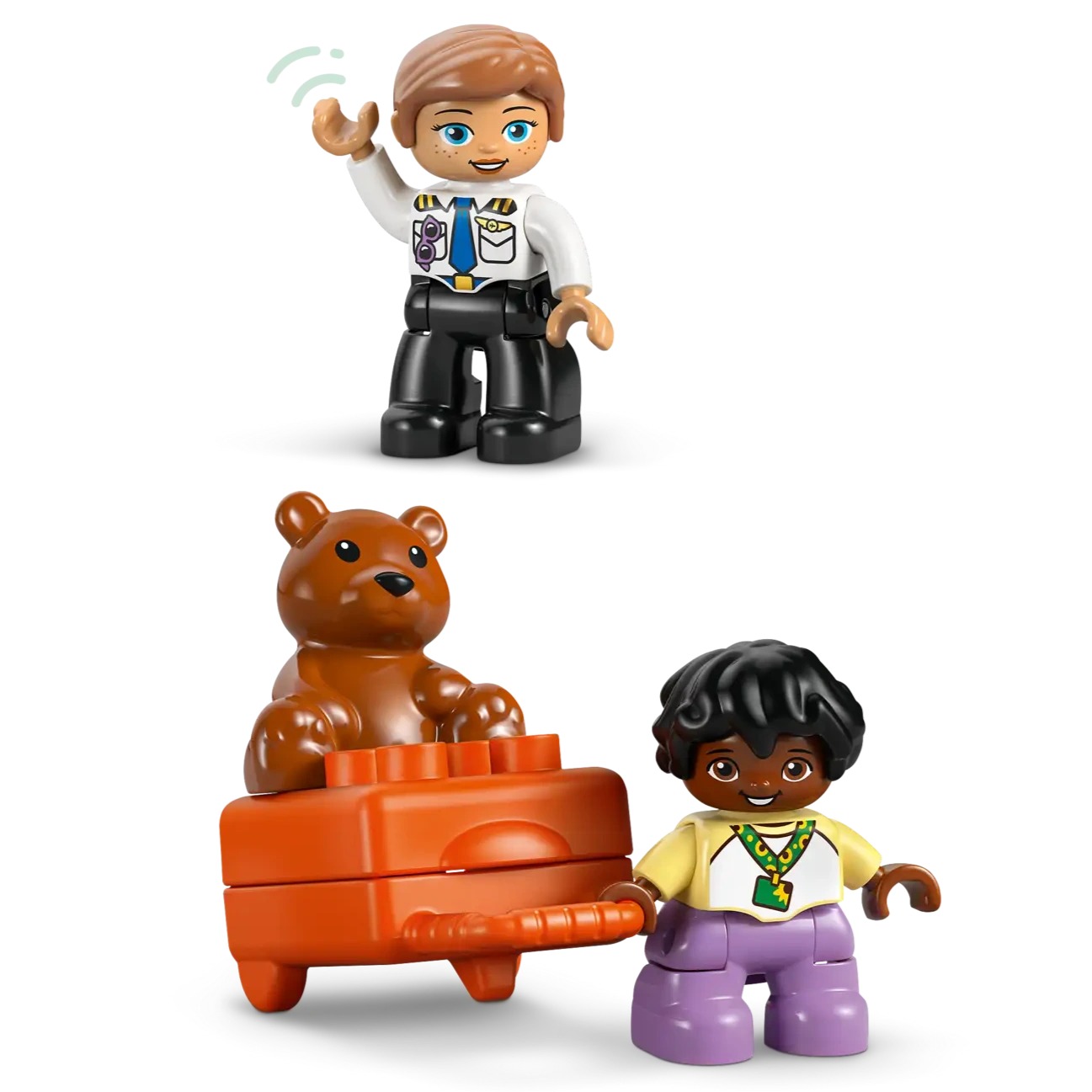 The LEGO® DUPLO® First Time at the Airport set by Legos - Toyhouse includes a police officer, a child figure, and an orange chest with a teddy bear—perfect as a preschool learning toy or building toy for imaginative play.