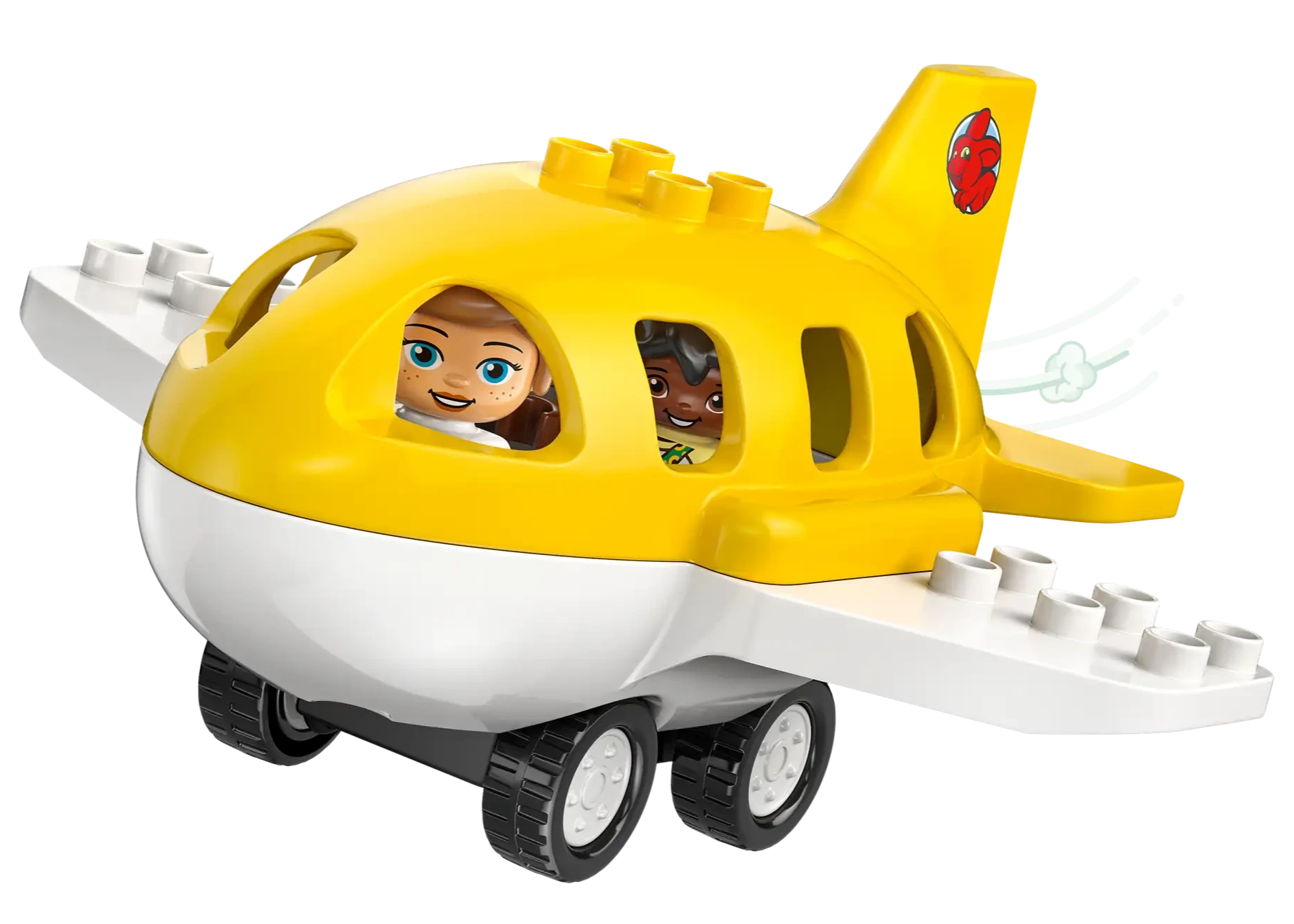 The LEGO® DUPLO® First Time at the Airport by Legos - Toyhouse is a yellow and white toy airplane with wheels, featuring two smiling figures visible through its windows.