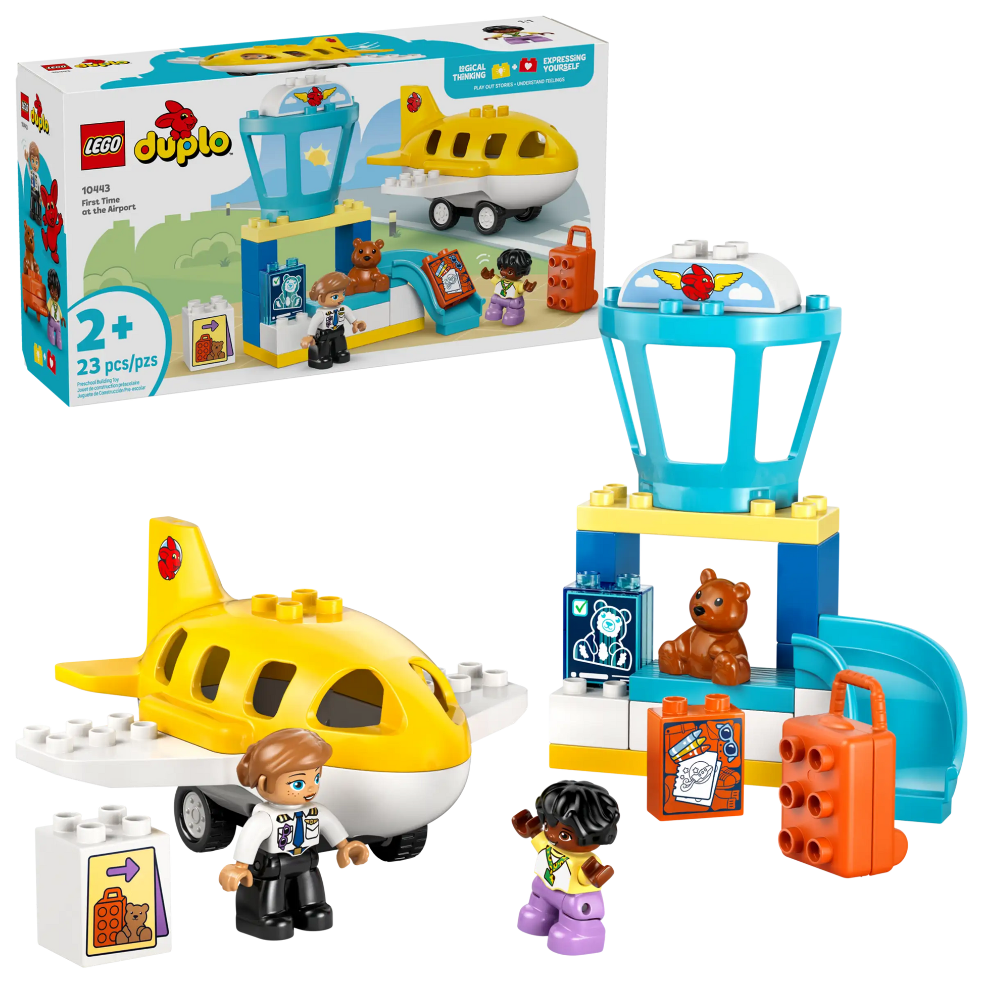 The LEGO® DUPLO® First Time at the Airport by Legos - Toyhouse is a fun preschool set with a yellow airplane, control tower, two child figures, suitcases, and a teddy bear—perfect for ages 2 and up.