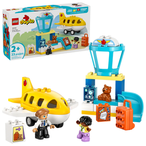 The LEGO® DUPLO® First Time at the Airport by Legos - Toyhouse is a fun preschool set with a yellow airplane, control tower, two child figures, suitcases, and a teddy bear—perfect for ages 2 and up.