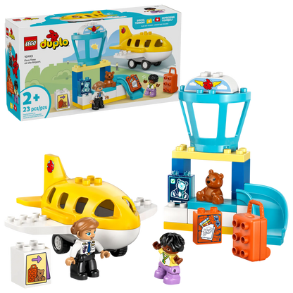The LEGO® DUPLO® First Time at the Airport by Legos - Toyhouse is a fun preschool set with a yellow airplane, control tower, two child figures, suitcases, and a teddy bear—perfect for ages 2 and up.