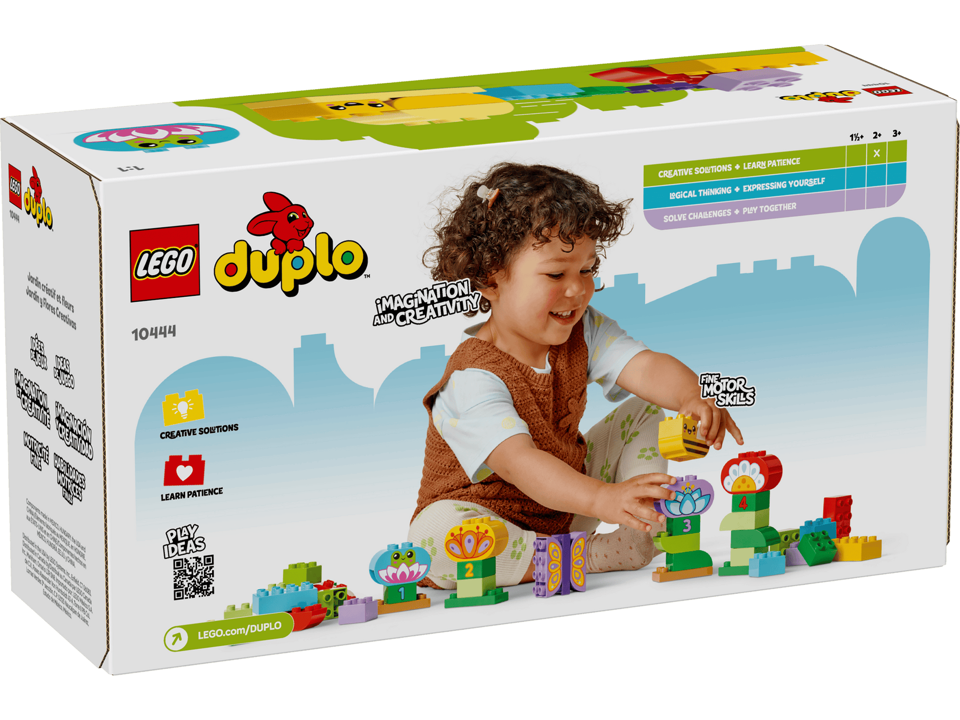 A child plays with the LEGO® DUPLO® Creative Garden & Flowers by Legos - Toyhouse, assembling colorful flower-shaped pieces. The box displays the LEGO DUPLO logo and features for boosting creativity and fine motor skills.