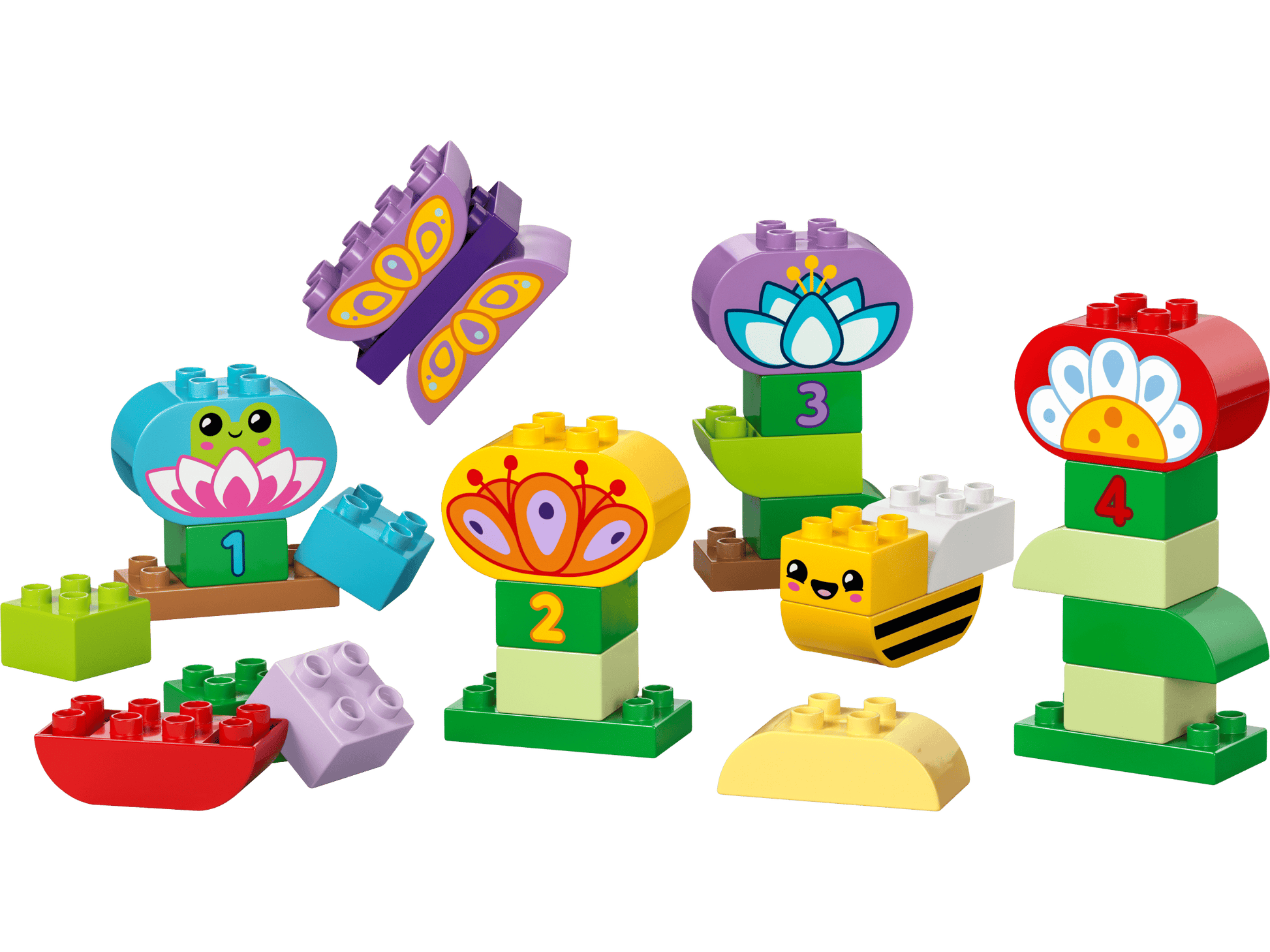 LEGO® DUPLO® Creative Garden & Flowers by Legos - Toyhouse features colorful numbered animal and flower blocks, including a frog, butterfly, and bee, to inspire creativity and fine motor skills, with extra loose pieces for play.
