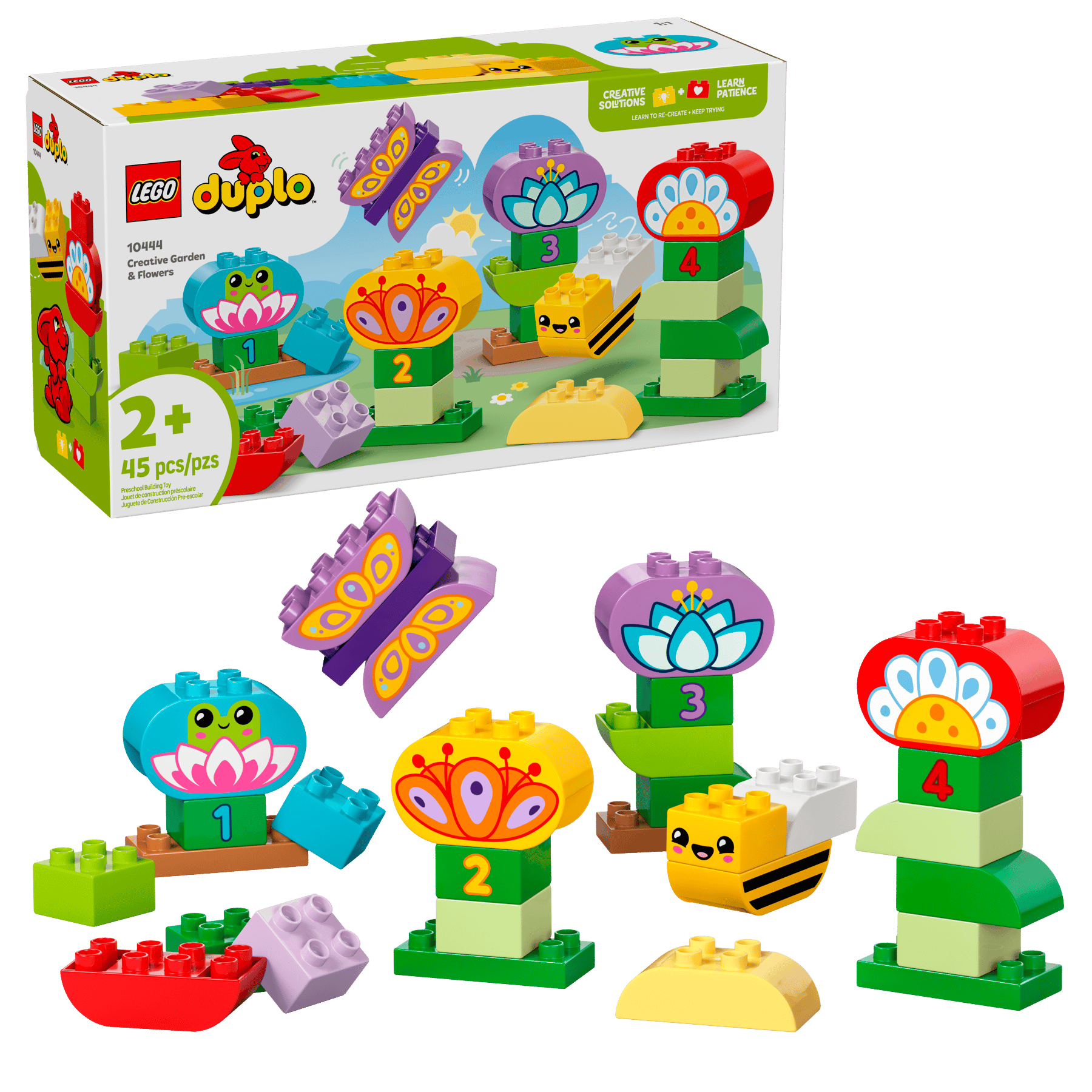 The Legos - Toyhouse LEGO® DUPLO® Creative Garden & Flowers set includes 45 colorful pieces for ages 2+, featuring flowers, a bee, a frog, and numbered blocks to inspire creativity and boost fine motor skills. Box shown in background.