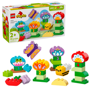 The Legos - Toyhouse LEGO® DUPLO® Creative Garden & Flowers set includes 45 colorful pieces for ages 2+, featuring flowers, a bee, a frog, and numbered blocks to inspire creativity and boost fine motor skills. Box shown in background.