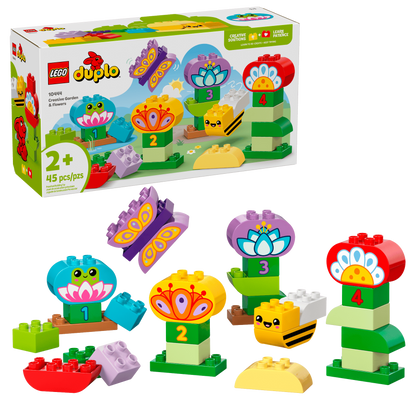 The Legos - Toyhouse LEGO® DUPLO® Creative Garden & Flowers set includes 45 colorful pieces for ages 2+, featuring flowers, a bee, a frog, and numbered blocks to inspire creativity and boost fine motor skills. Box shown in background.