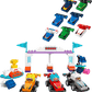 The LEGO® DUPLO® F1® Team Race Cars & Drivers by Legos - Toyhouse includes three assembled cars, mini trophies, a starting gate, and colorful interchangeable car hoods arranged above the scene.