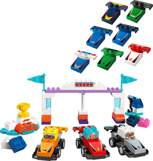 The LEGO® DUPLO® F1® Team Race Cars & Drivers by Legos - Toyhouse includes three assembled cars, mini trophies, a starting gate, and colorful interchangeable car hoods arranged above the scene.