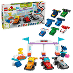 The LEGO® DUPLO® F1® Team Race Cars & Drivers by Legos - Toyhouse is a fun building toy for toddlers 2+, featuring F1 race cars, drivers, a starting gate, interchangeable car tops, and packaging—perfect for early learning and play.