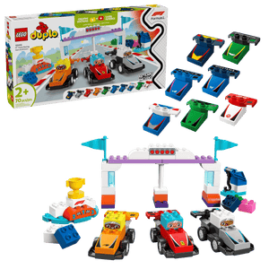 The LEGO® DUPLO® F1® Team Race Cars & Drivers by Legos - Toyhouse is a fun building toy for toddlers 2+, featuring F1 race cars, drivers, a starting gate, interchangeable car tops, and packaging—perfect for early learning and play.