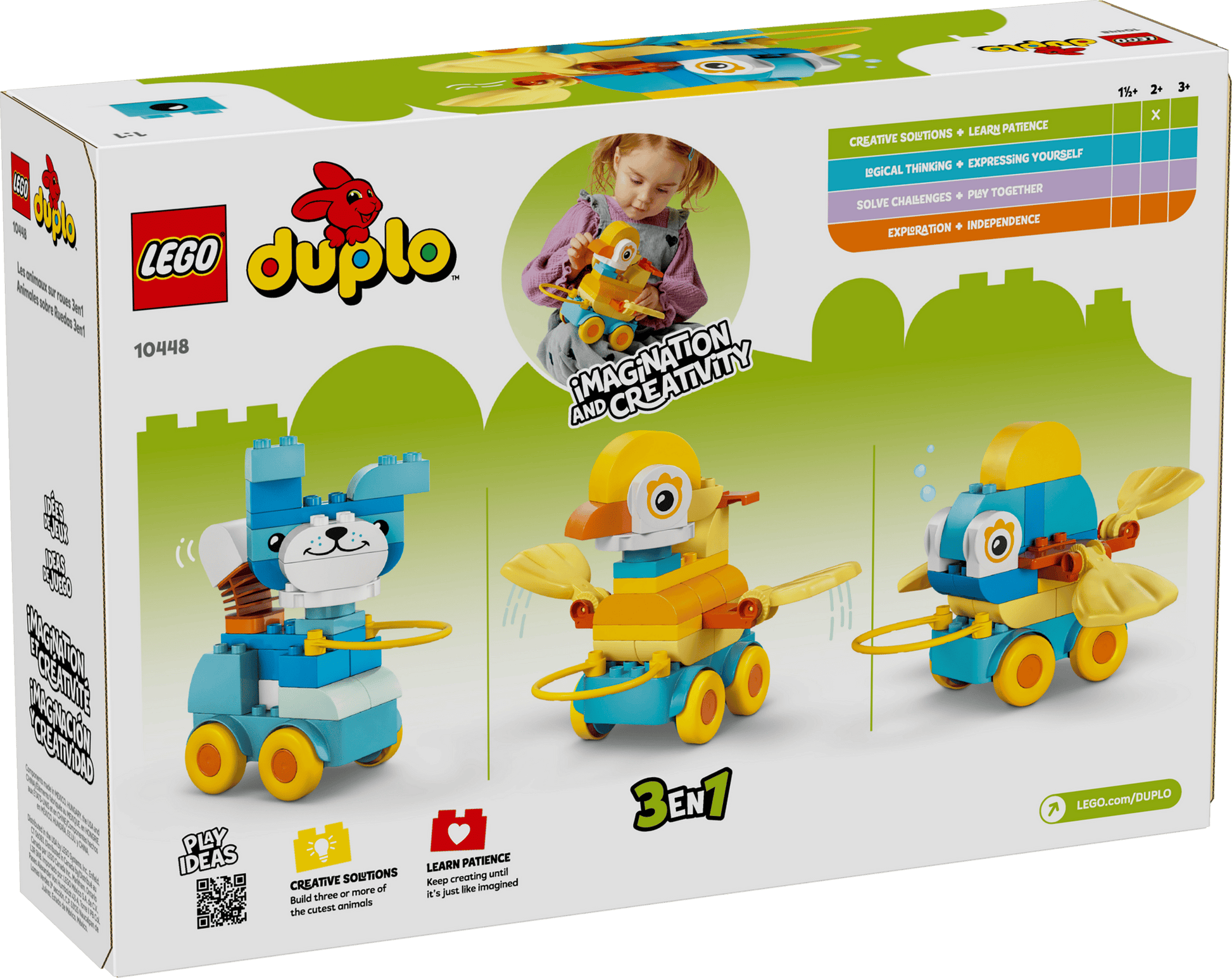 The LEGO® DUPLO® 3in1 Animals on Wheels by Legos - Toyhouse features a dog, bird, and fish on wheels to inspire creativity and learning, making it an ideal building toy for toddlers.