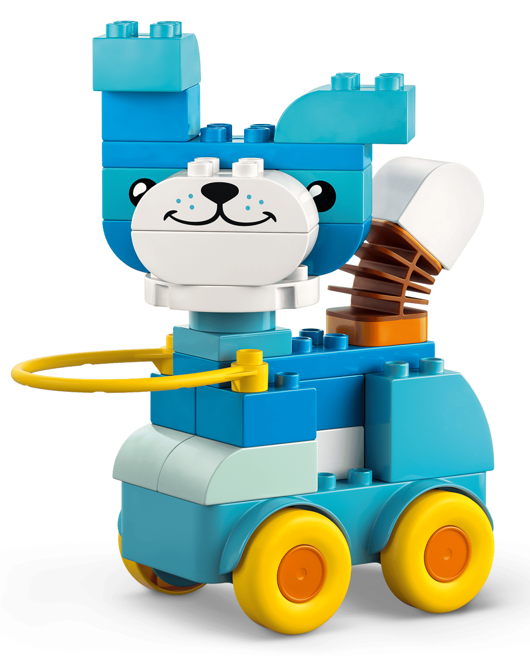 The LEGO® DUPLO® 3in1 Animals on Wheels by Legos - Toyhouse features a blue and white cat with yellow wheels, a hula hoop, and a smiling face—ideal for toddlers or animal-on-wheels fans.