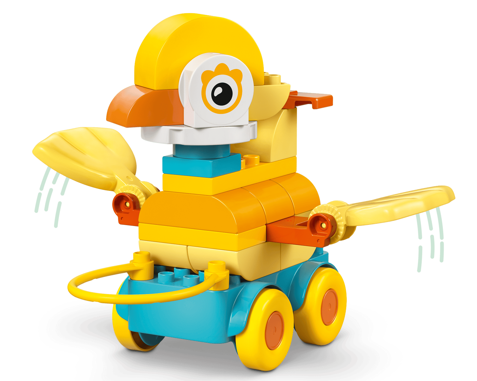 The LEGO® DUPLO® 3in1 Animals on Wheels by Legos - Toyhouse features colorful animal builds on wheels, including a bird with yellow wings, orange beak, and blue base—ideal for toddlers and part of the fun building toy collection.