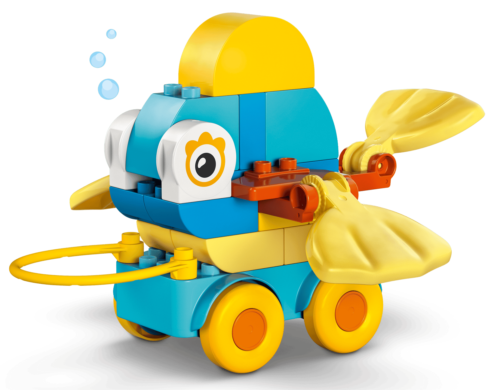 The LEGO® DUPLO® 3in1 Animals on Wheels by Legos - Toyhouse features colorful toy fish with yellow wheels, large eyes, translucent yellow fins, and a bubble—a delightful building toy for toddlers.