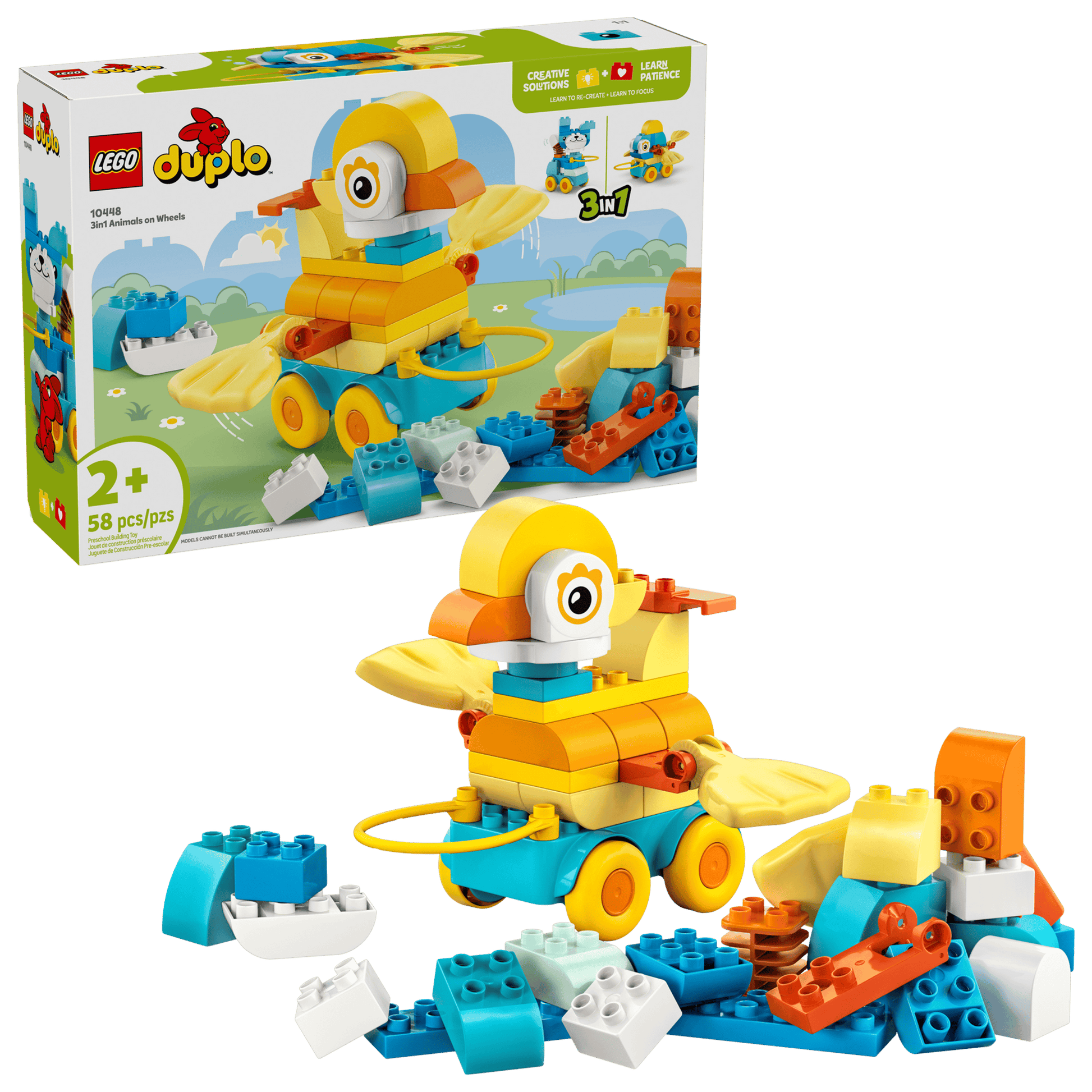 Legos - Toyhouse LEGO® DUPLO® 3in1 Animals on Wheels set for ages 2+, featuring a colorful parrot building toy with wheels, loose bricks, and the product box visible in the background.