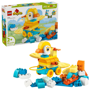 Legos - Toyhouse LEGO® DUPLO® 3in1 Animals on Wheels set for ages 2+, featuring a colorful parrot building toy with wheels, loose bricks, and the product box visible in the background.