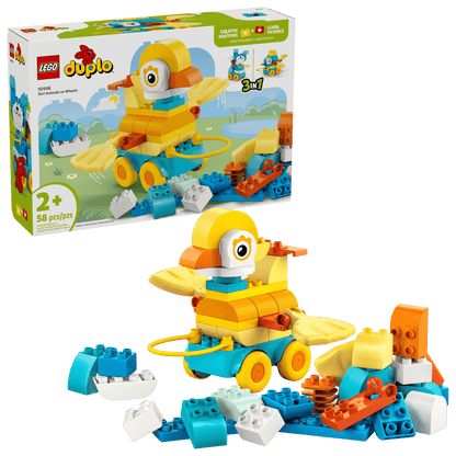 Legos - Toyhouse LEGO® DUPLO® 3in1 Animals on Wheels set for ages 2+, featuring a colorful parrot building toy with wheels, loose bricks, and the product box visible in the background.