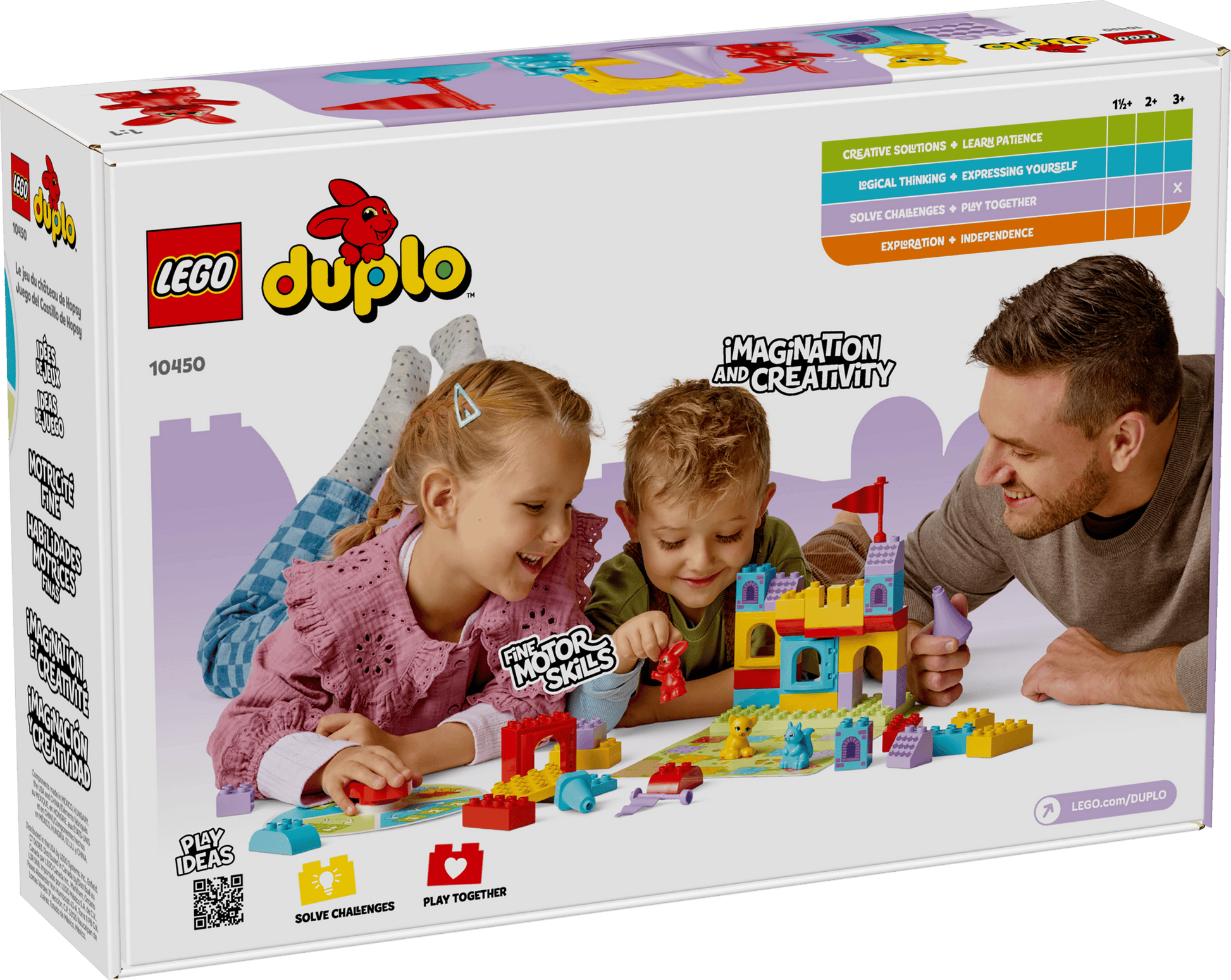 Two children and an adult build the LEGO® DUPLO® Hopsy's Castle Game by Legos - Toyhouse, enjoying this educational toy as depicted on the packaging.